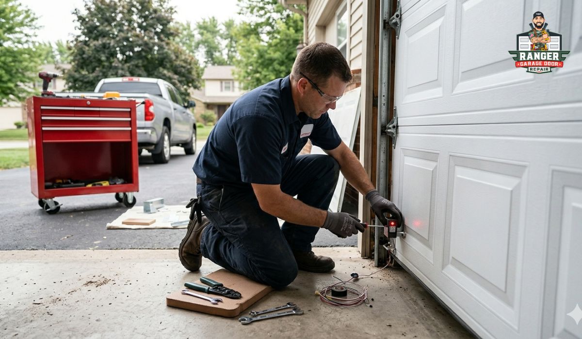Technician working on garage door hardware during Garage Door Opener Safety Sensor Repair with tools and ladder outside a home