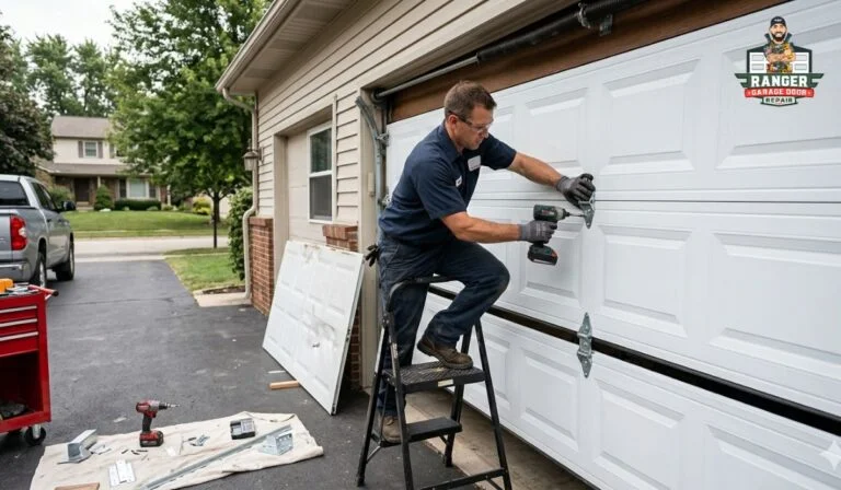 Technician repairing and installing panels during Garage Door Panel Replacement on a white residential garage door using power tools and ladder